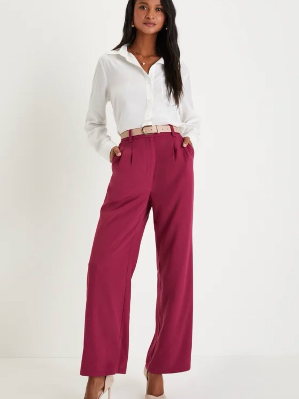 Upscale Energy Berry Pink High Rise Wide Leg Trouser Pants